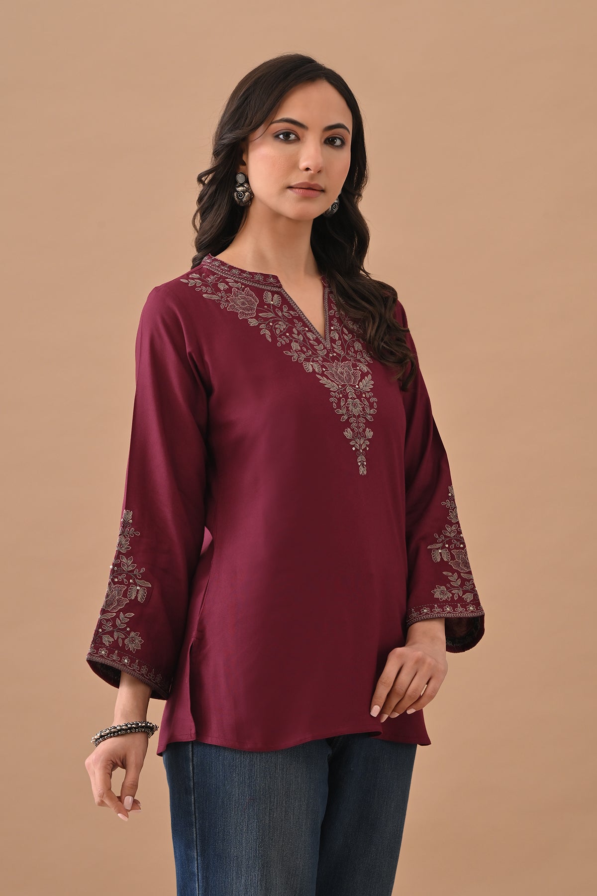 Wine Embroidered Straight Top