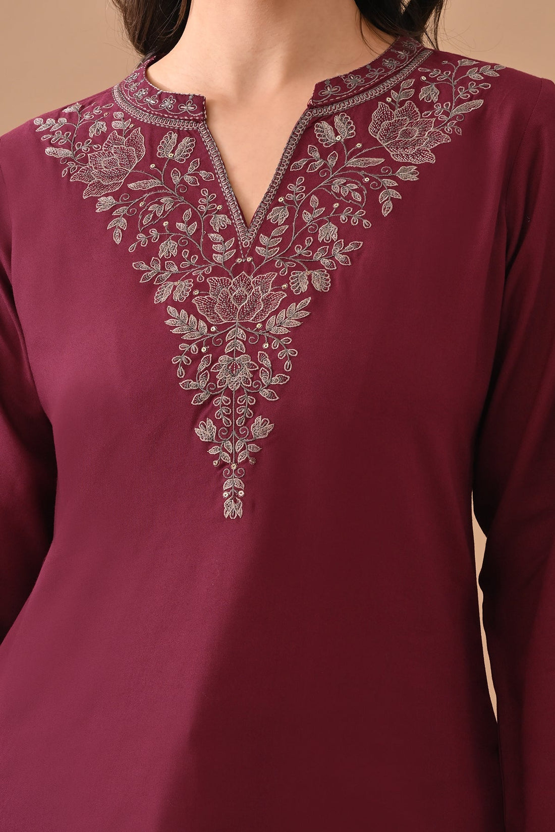Wine Embroidered Straight Top