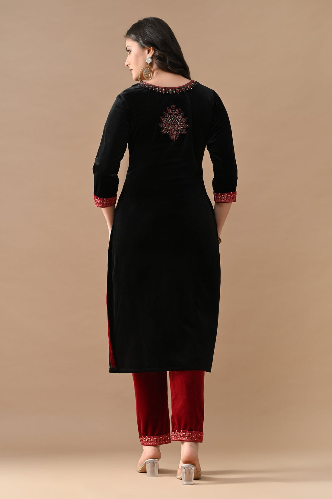 Black Embroidered Velvet Kurta 3 Pcs Set