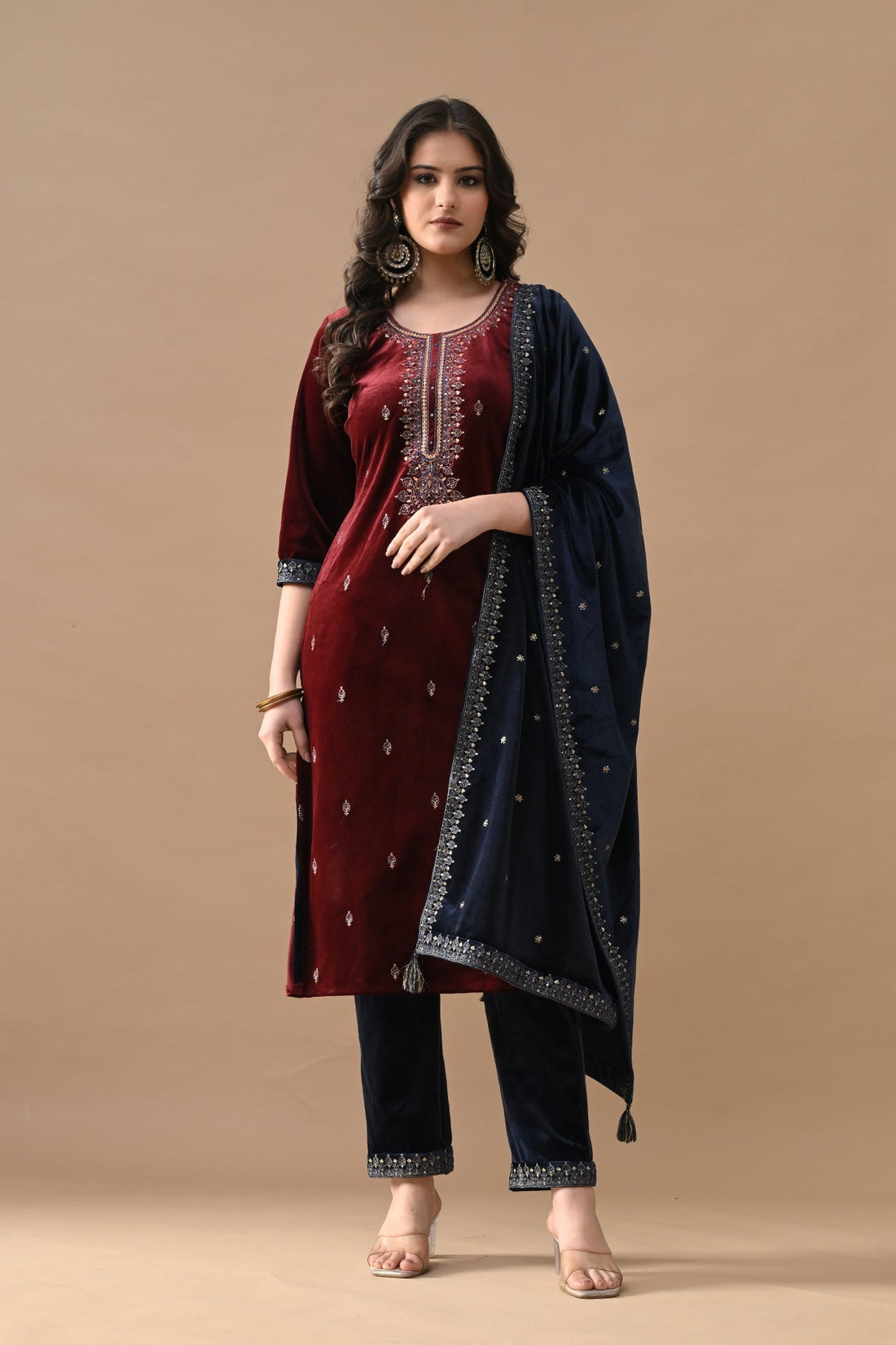 Maroon Zari Embroidered Kurta 3 Pcs Set