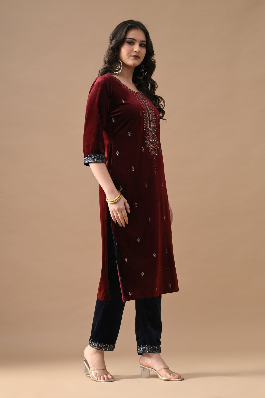 Maroon Zari Embroidered Kurta 3 Pcs Set