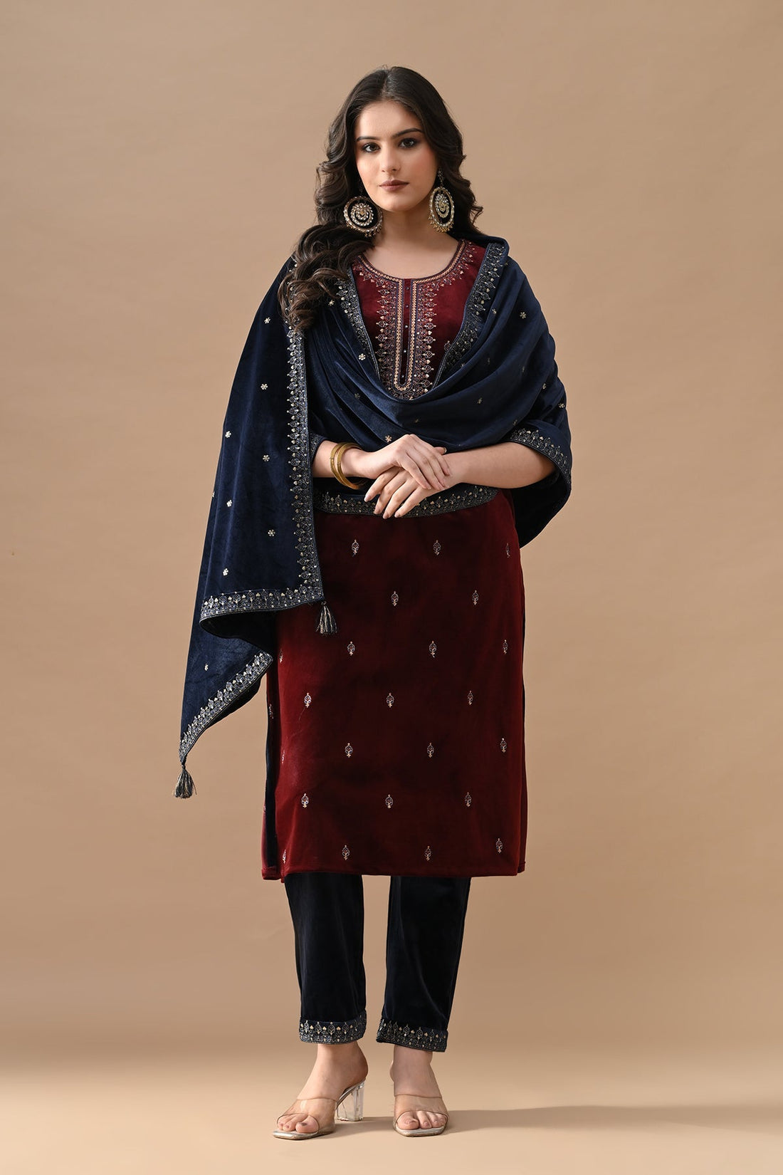 Maroon Zari Embroidered Kurta 3 Pcs Set