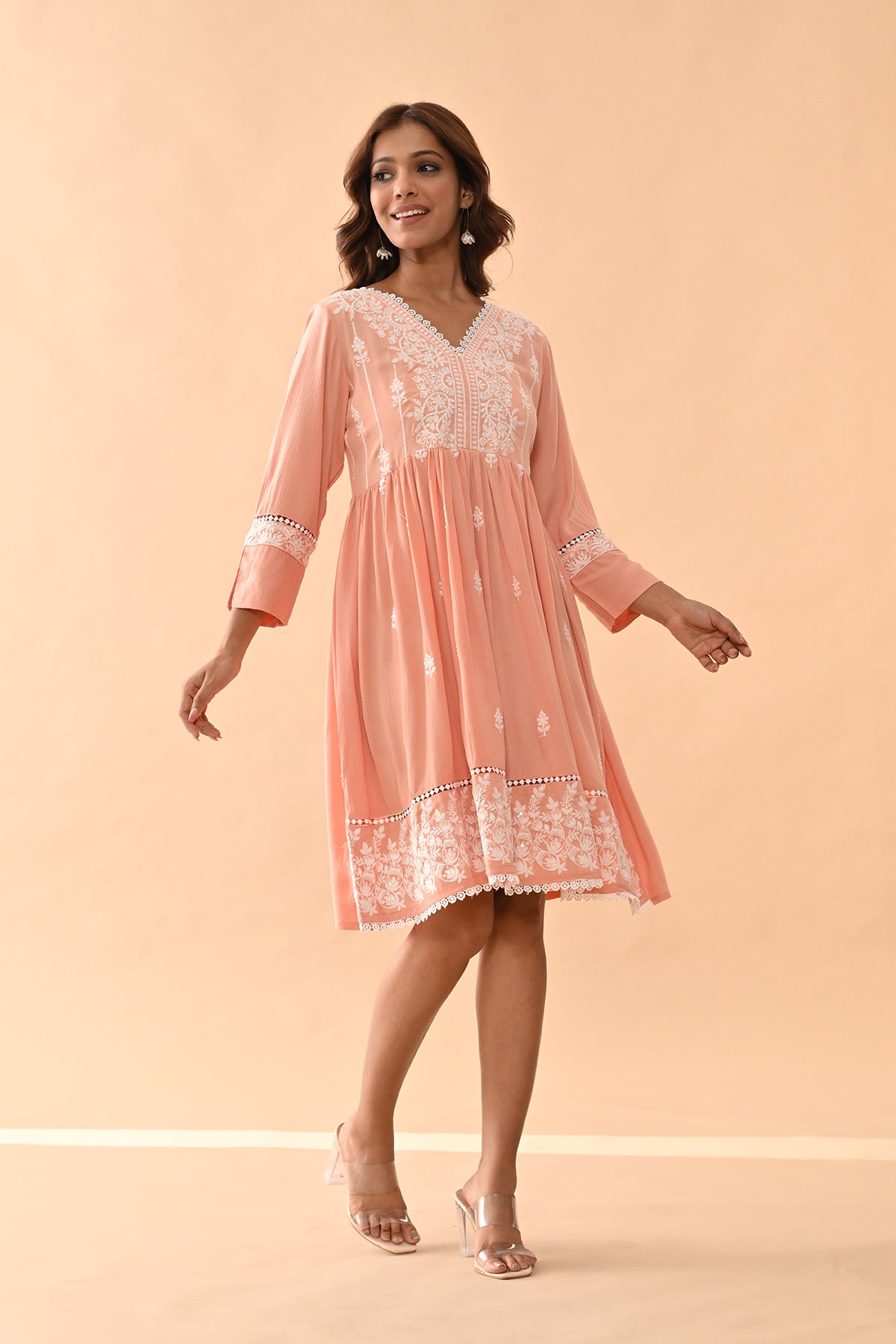Peach Embroidered Flared Tunic