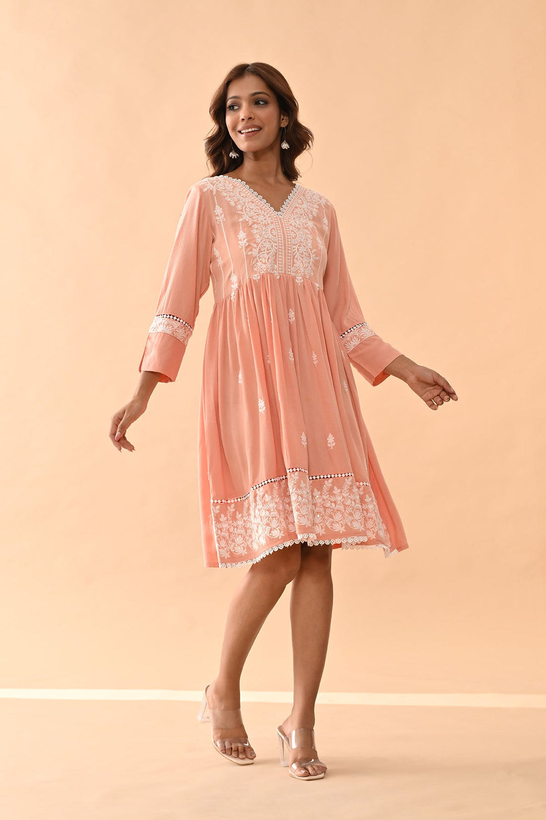 Peach Embroidered Flared Tunic