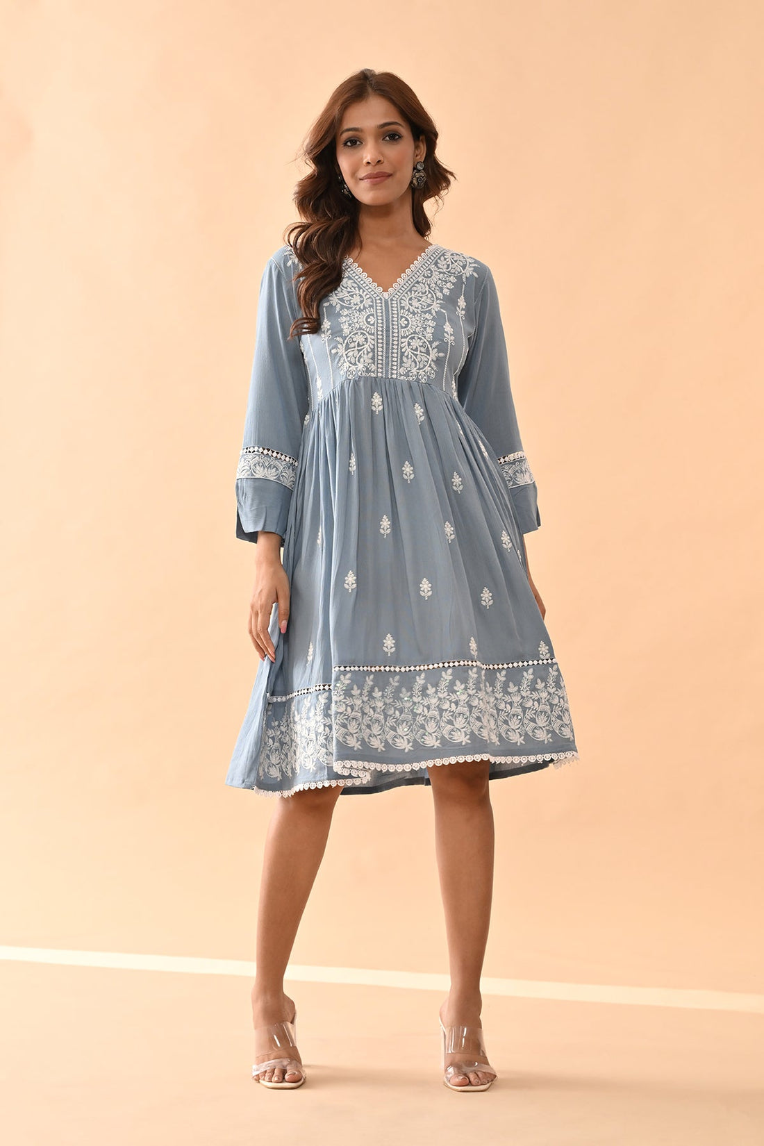 Blue Embroidered Flared Tunic