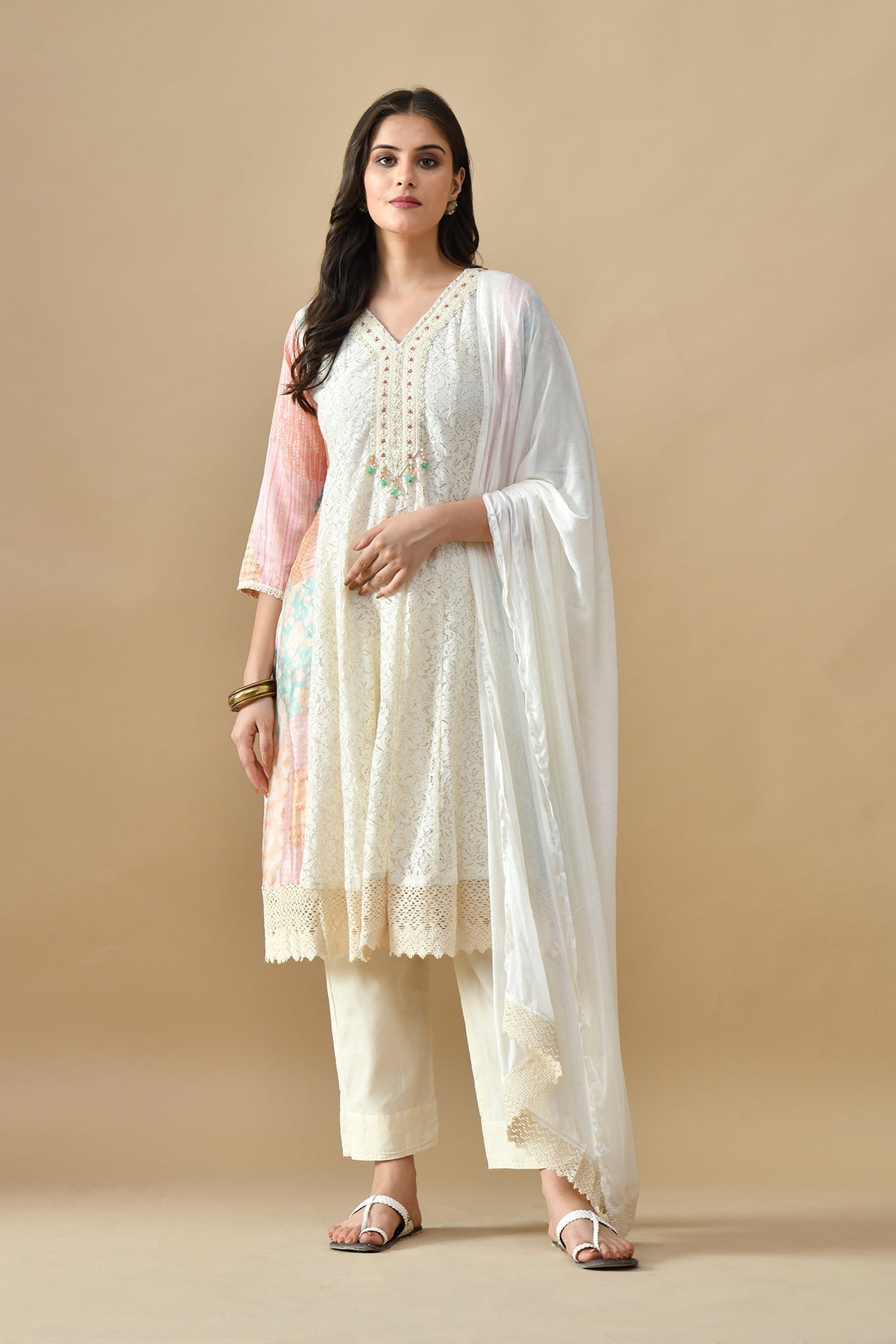 Cream Embroidered Kurta 3 Pcs Set
