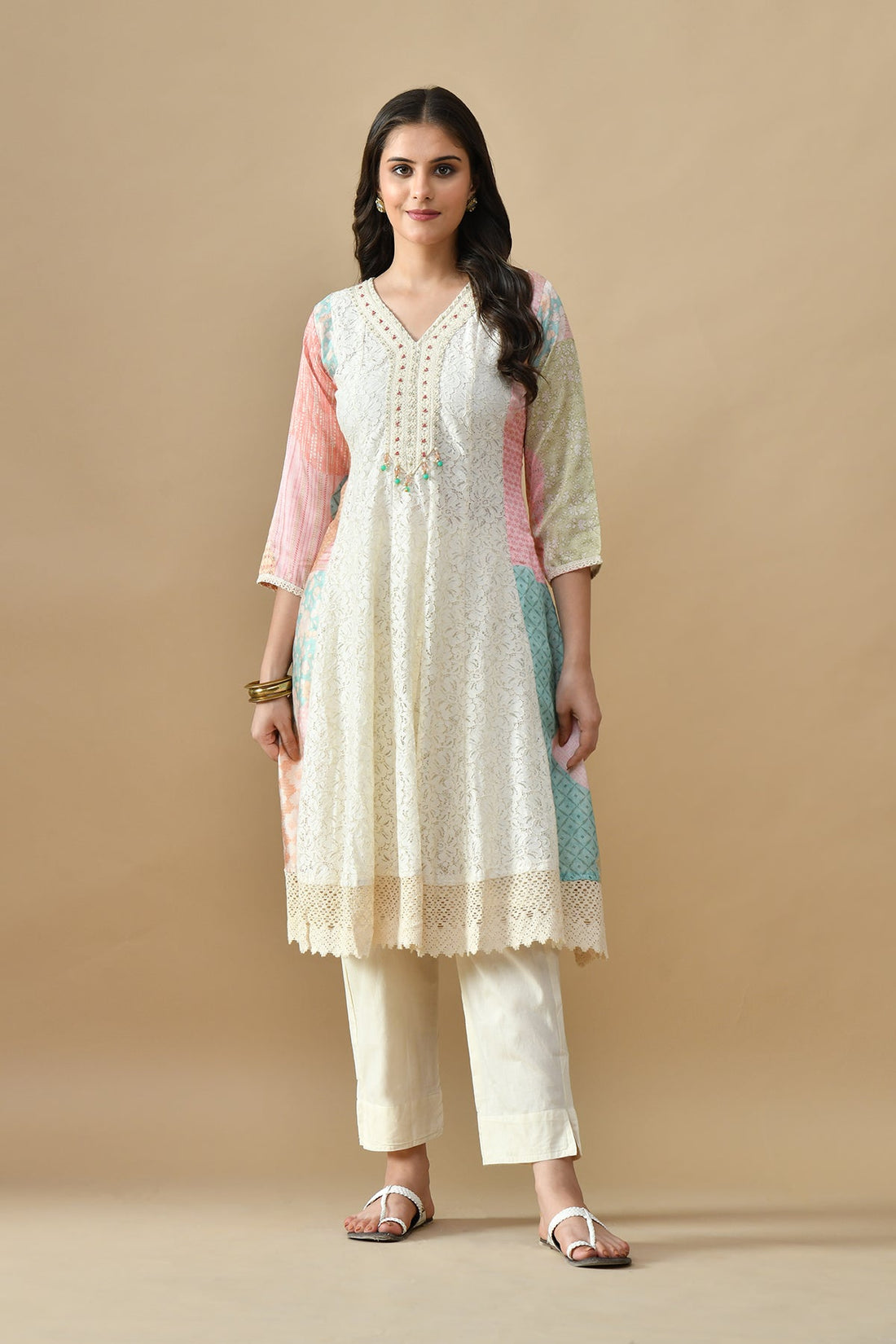 Cream Embroidered Kurta 3 Pcs Set