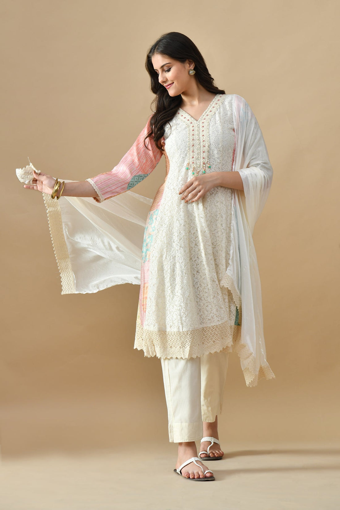 Cream Embroidered Kurta 3 Pcs Set
