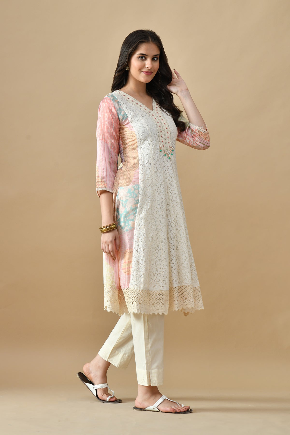 Cream Embroidered Kurta 3 Pcs Set