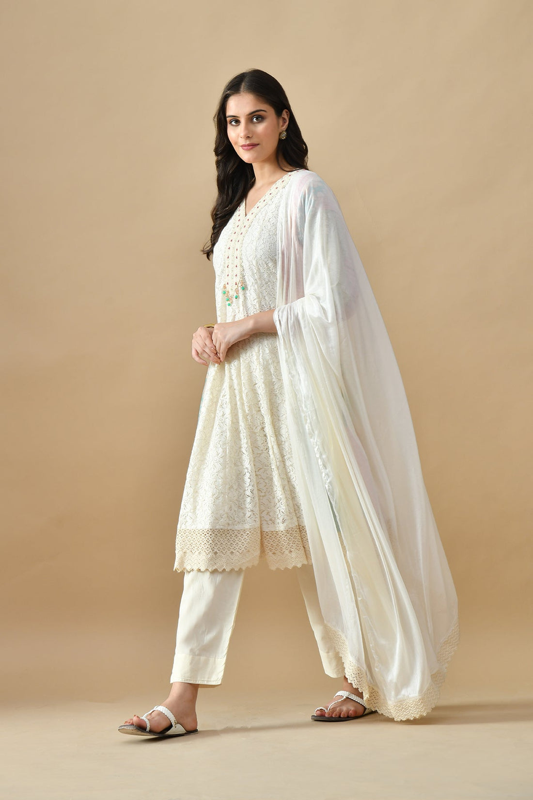 Cream Embroidered Kurta 3 Pcs Set