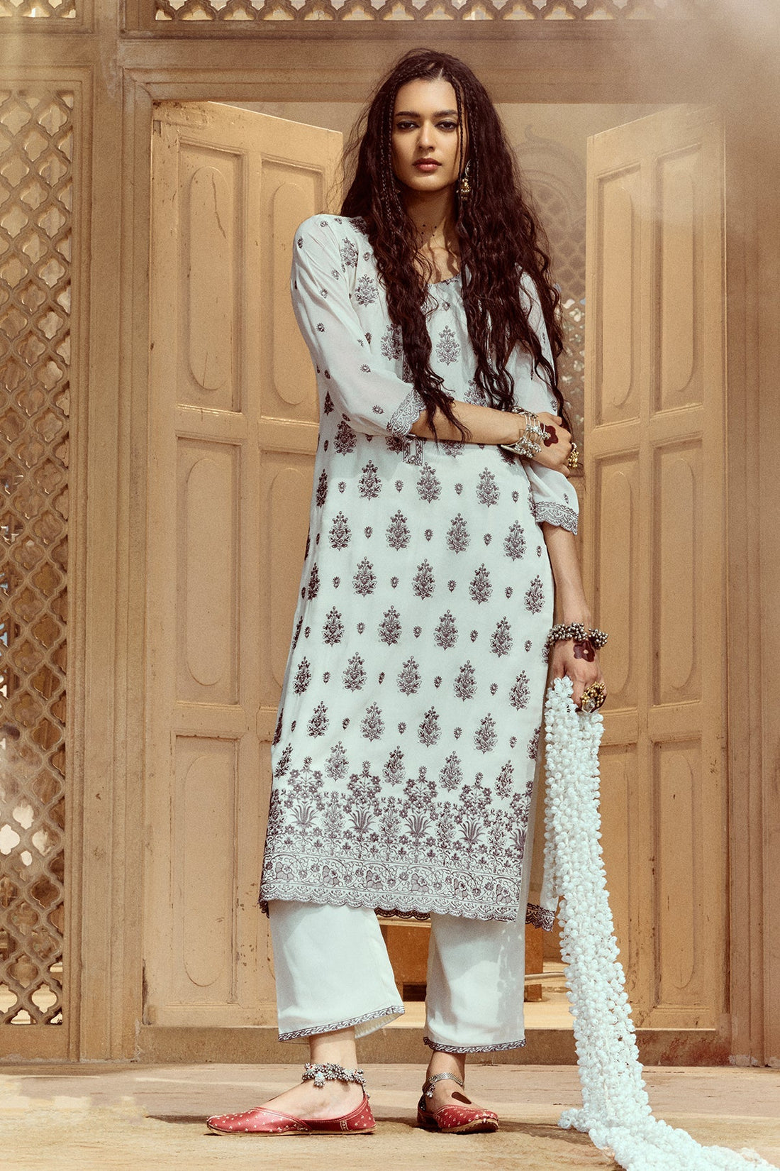 Cream Embroidered Kurta 3 Pcs Set
