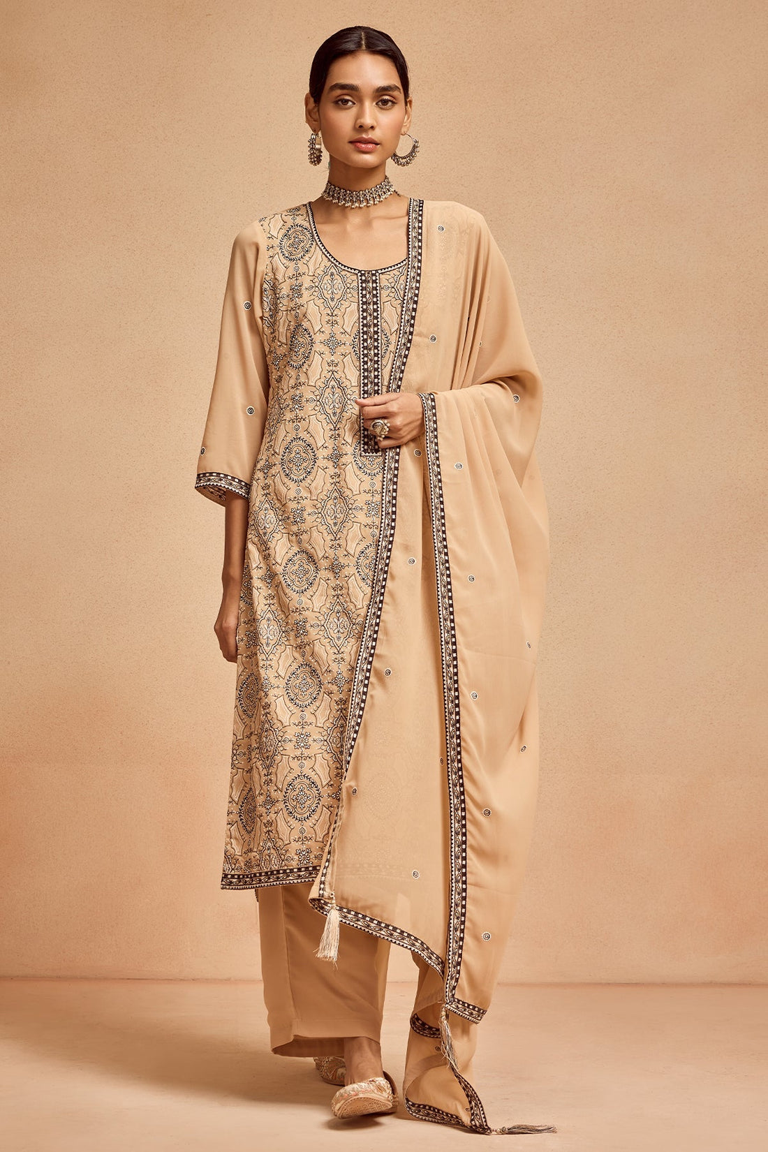 Beige Embroidered Kurta 3 Pcs Set