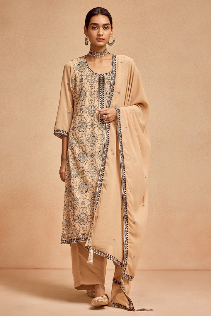 Beige Embroidered Kurta 3 Pcs Set