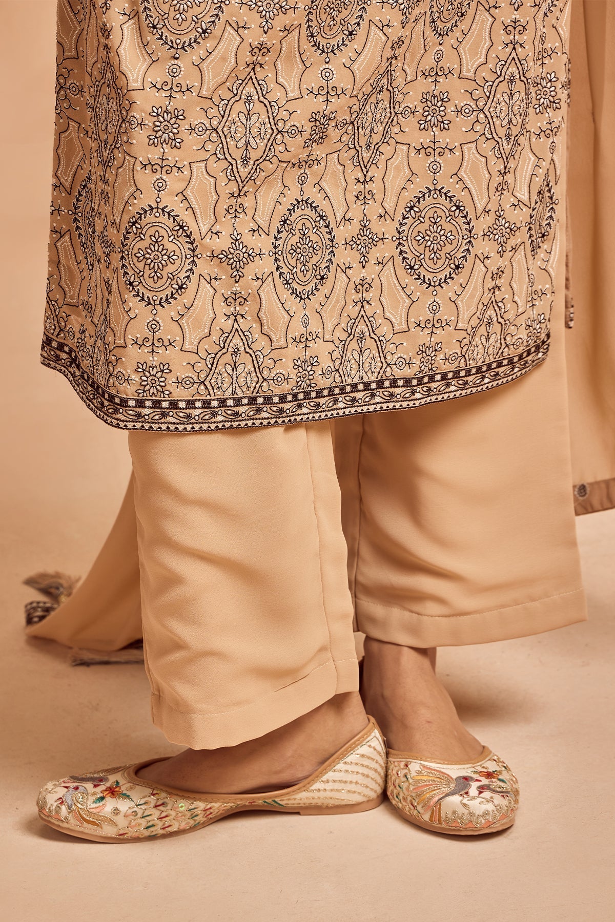 Beige Embroidered Kurta 3 Pcs Set