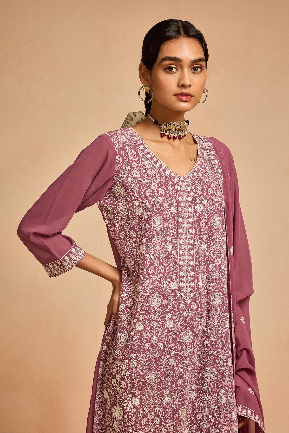 Pink Embroidered Kurta 3 Pcs Set
