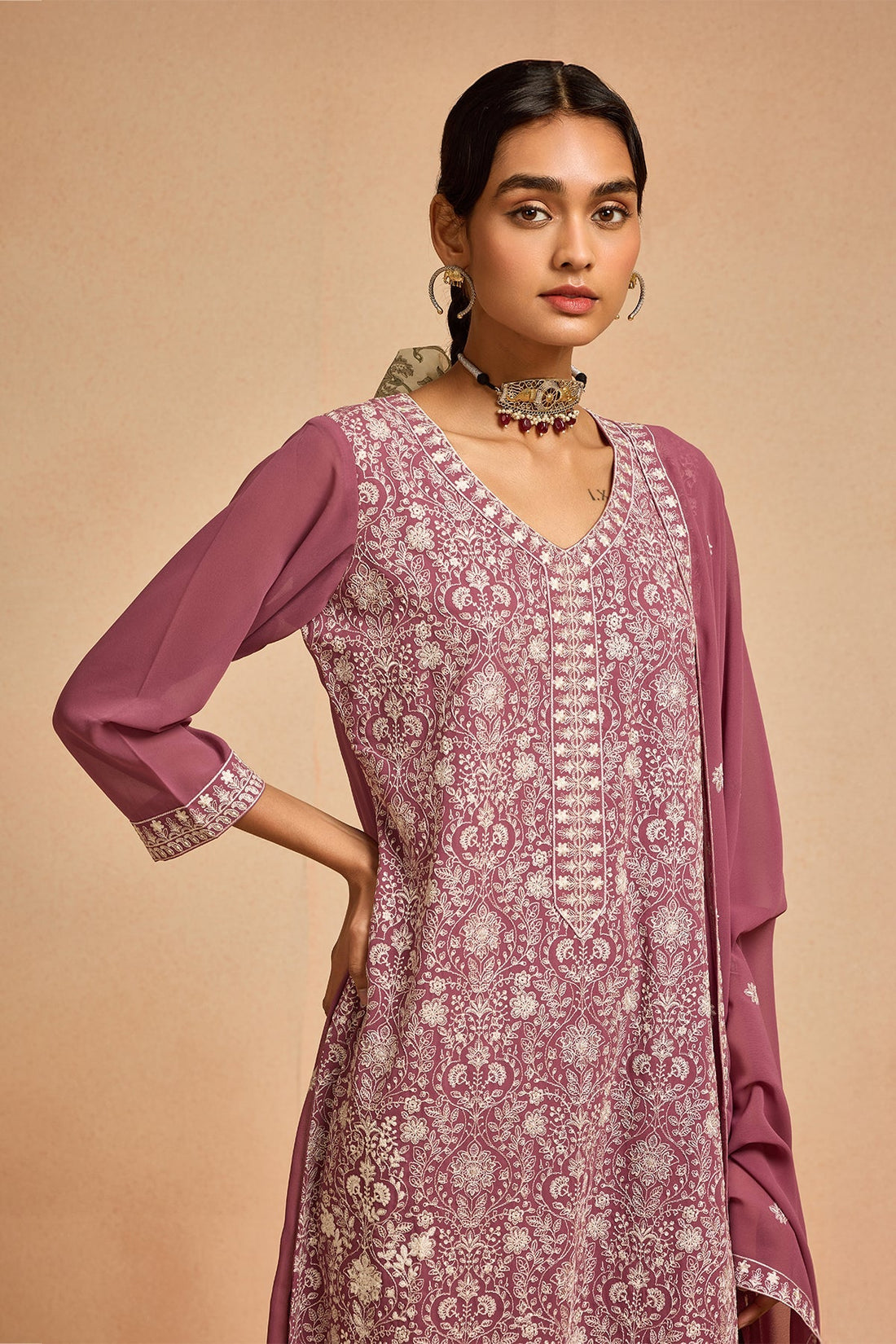 Pink Embroidered Kurta 3 Pcs Set