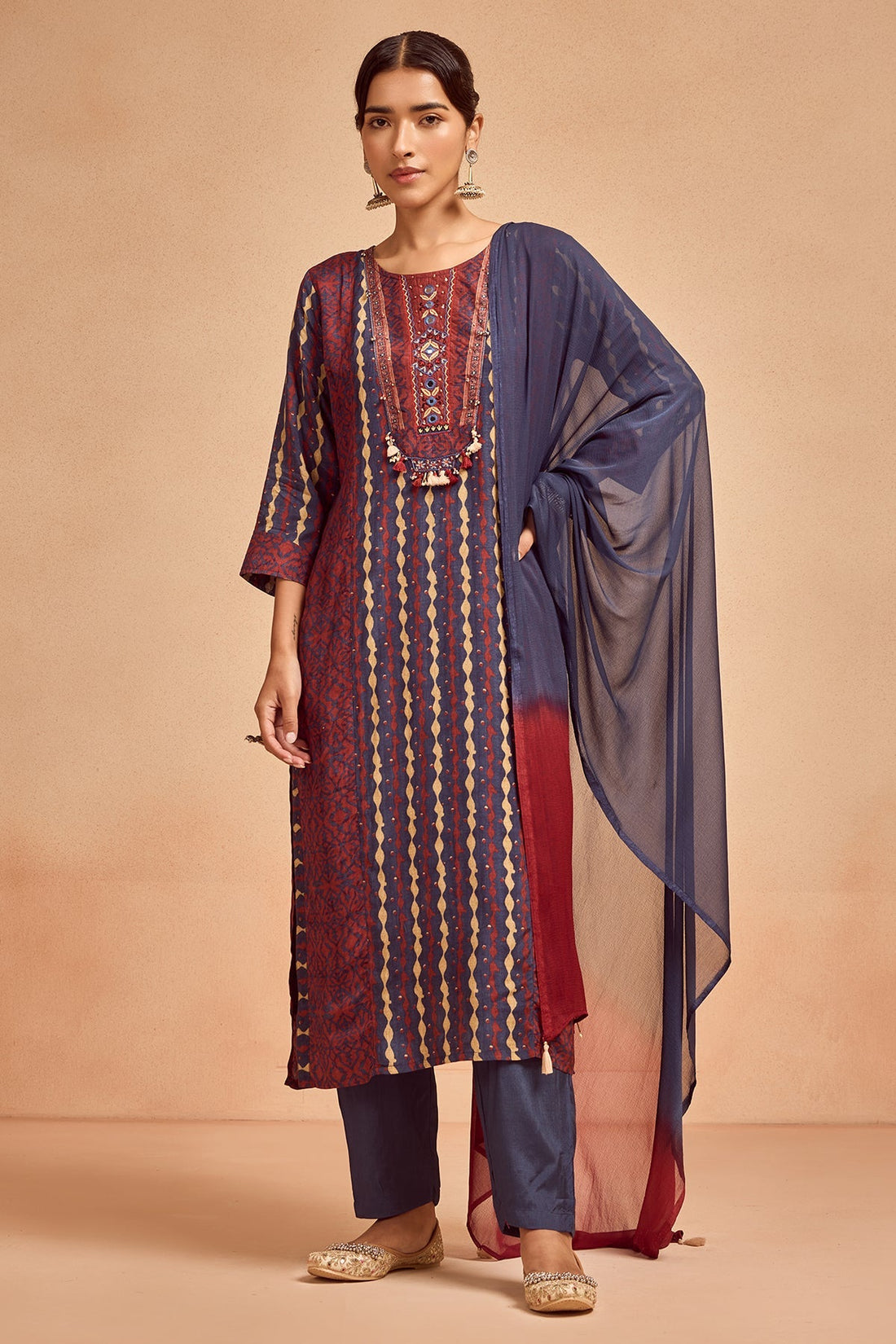 Blue Printed Kurta 3 Pcs Set