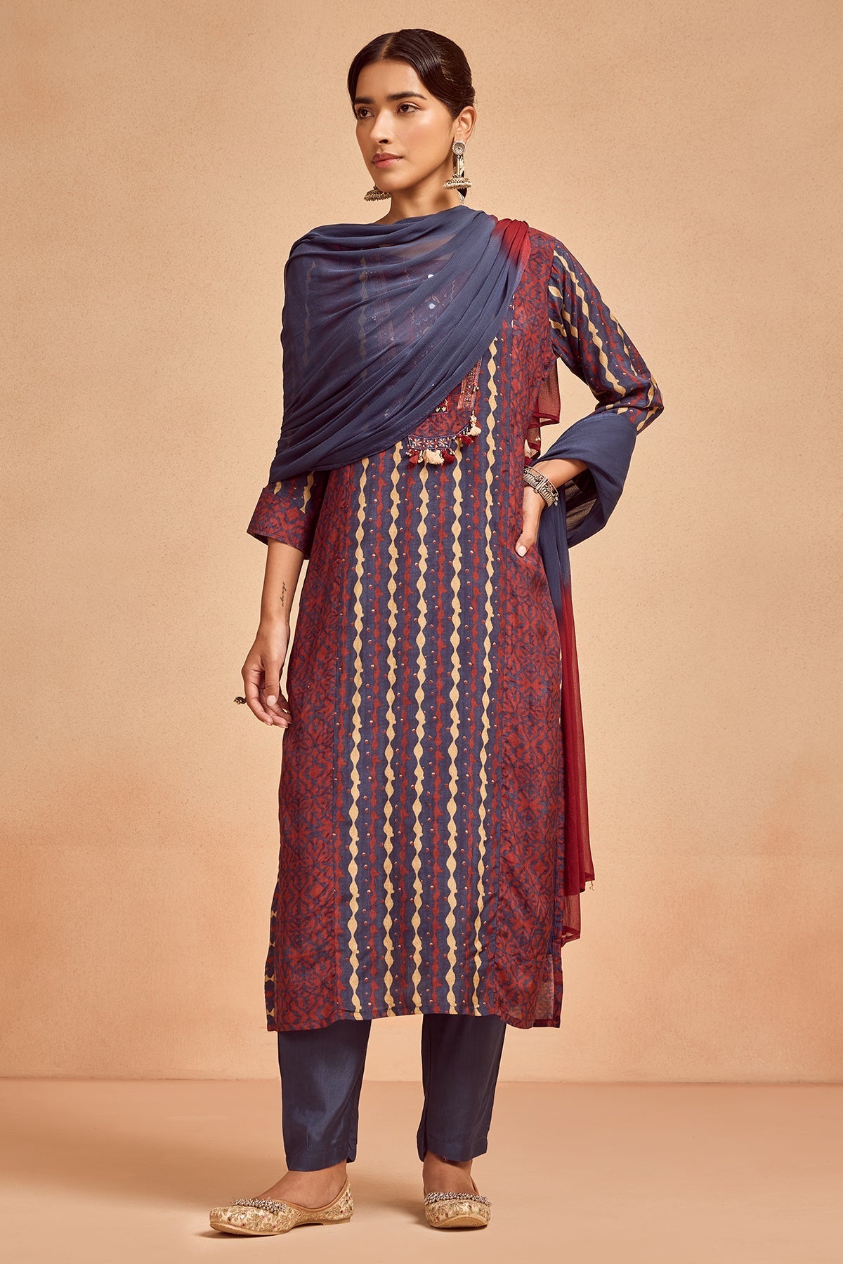Blue Printed Kurta 3 Pcs Set
