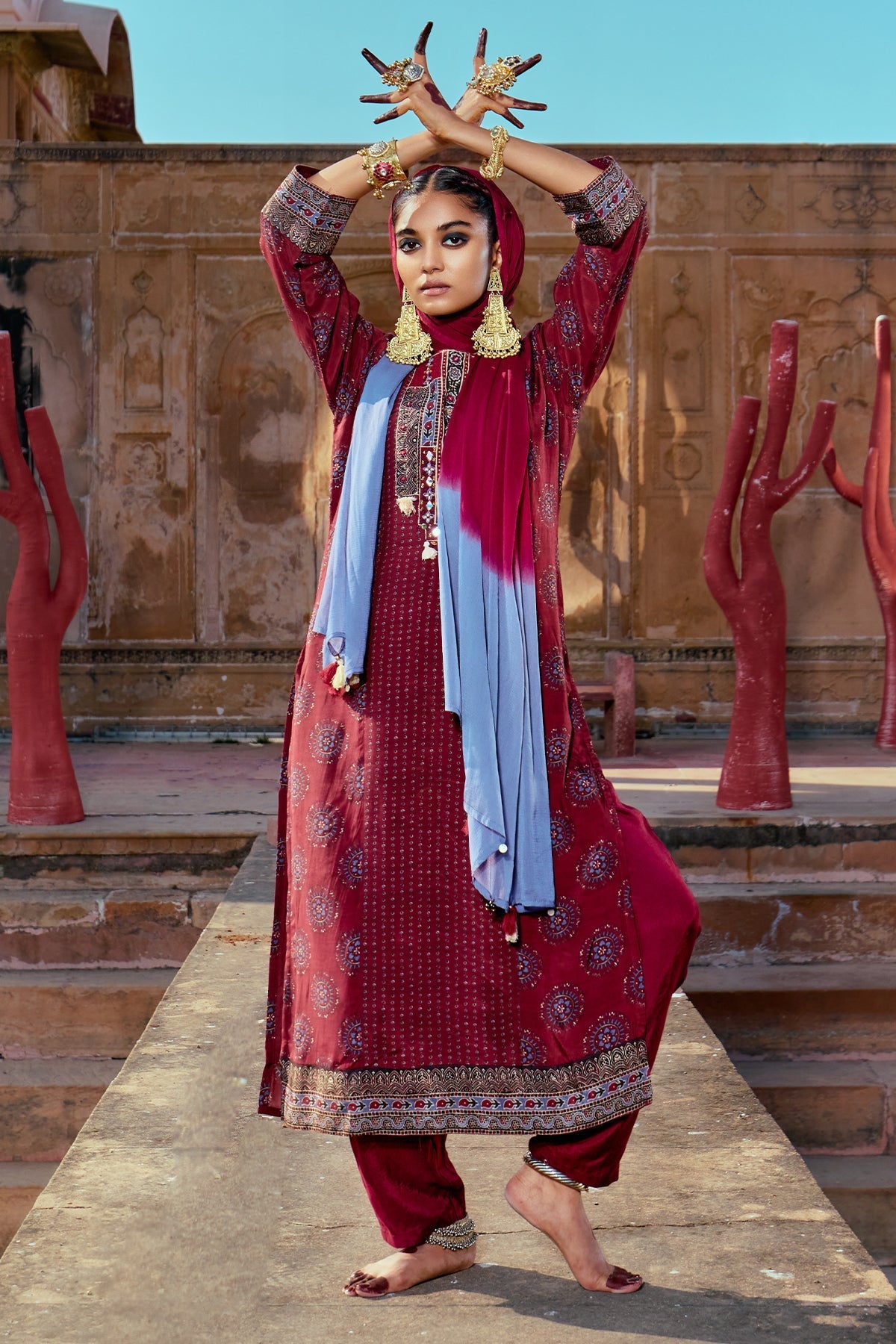 Maroon Printed Kurta 3 Pcs Set