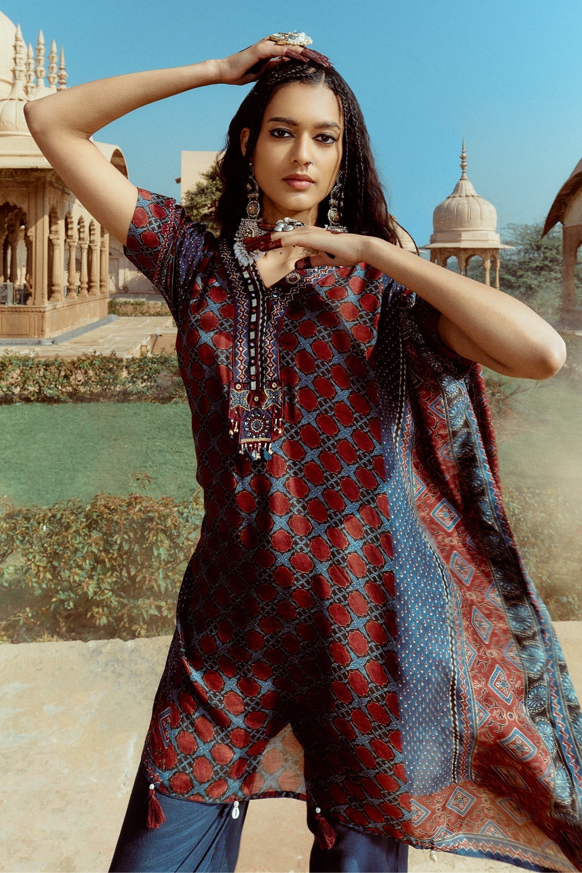 Blue printed Kaftan 3 Pcs Set
