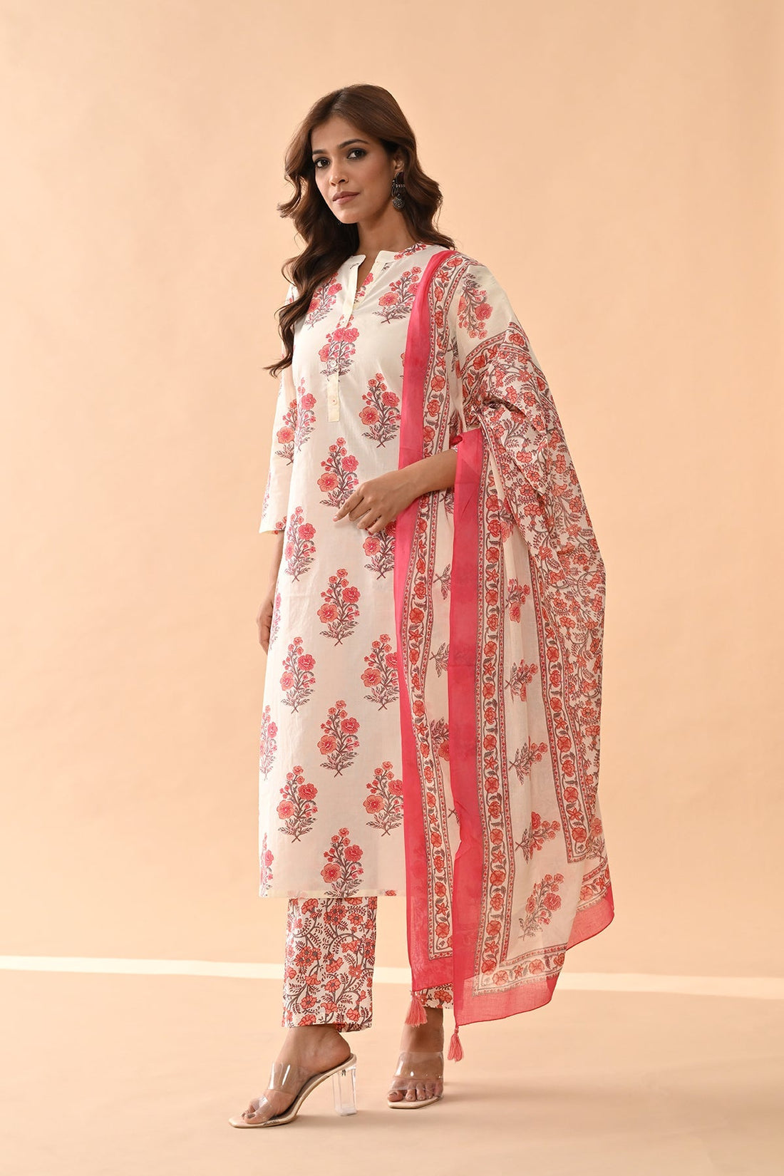 Cream Printed Kurta 3 Pcs Set