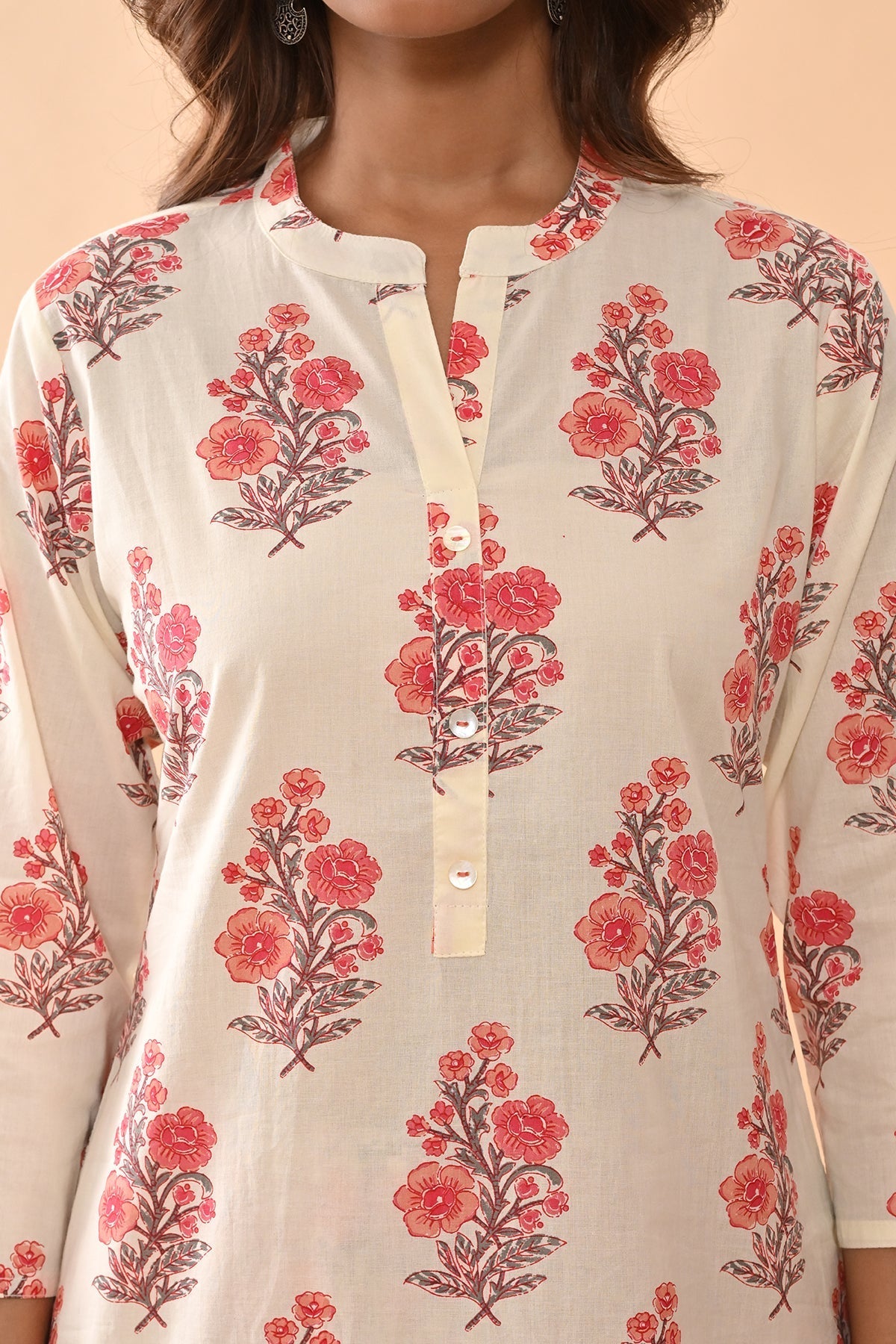 Cream Printed Kurta 3 Pcs Set