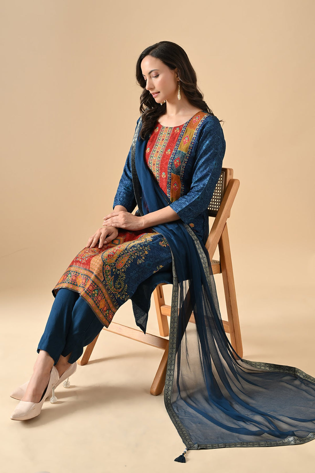 Teal Blue Printed Kurta 3 Pcs Set