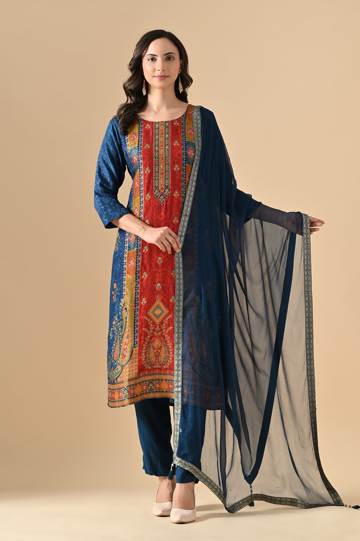 Teal Blue Printed Kurta 3 Pcs Set