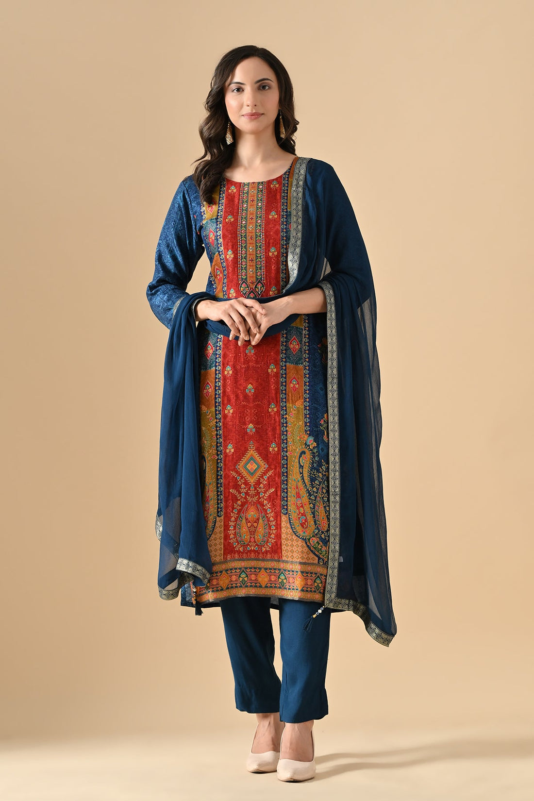 Teal Blue Printed Kurta 3 Pcs Set