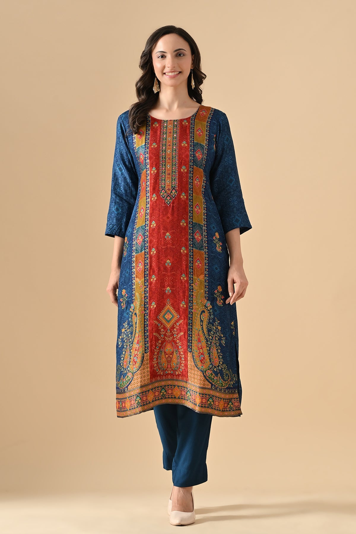Teal Blue Printed Kurta 3 Pcs Set