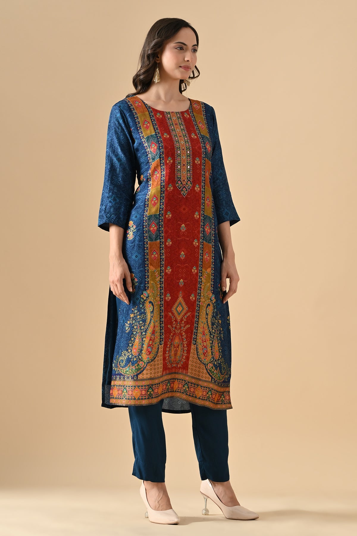 Teal Blue Printed Kurta 3 Pcs Set