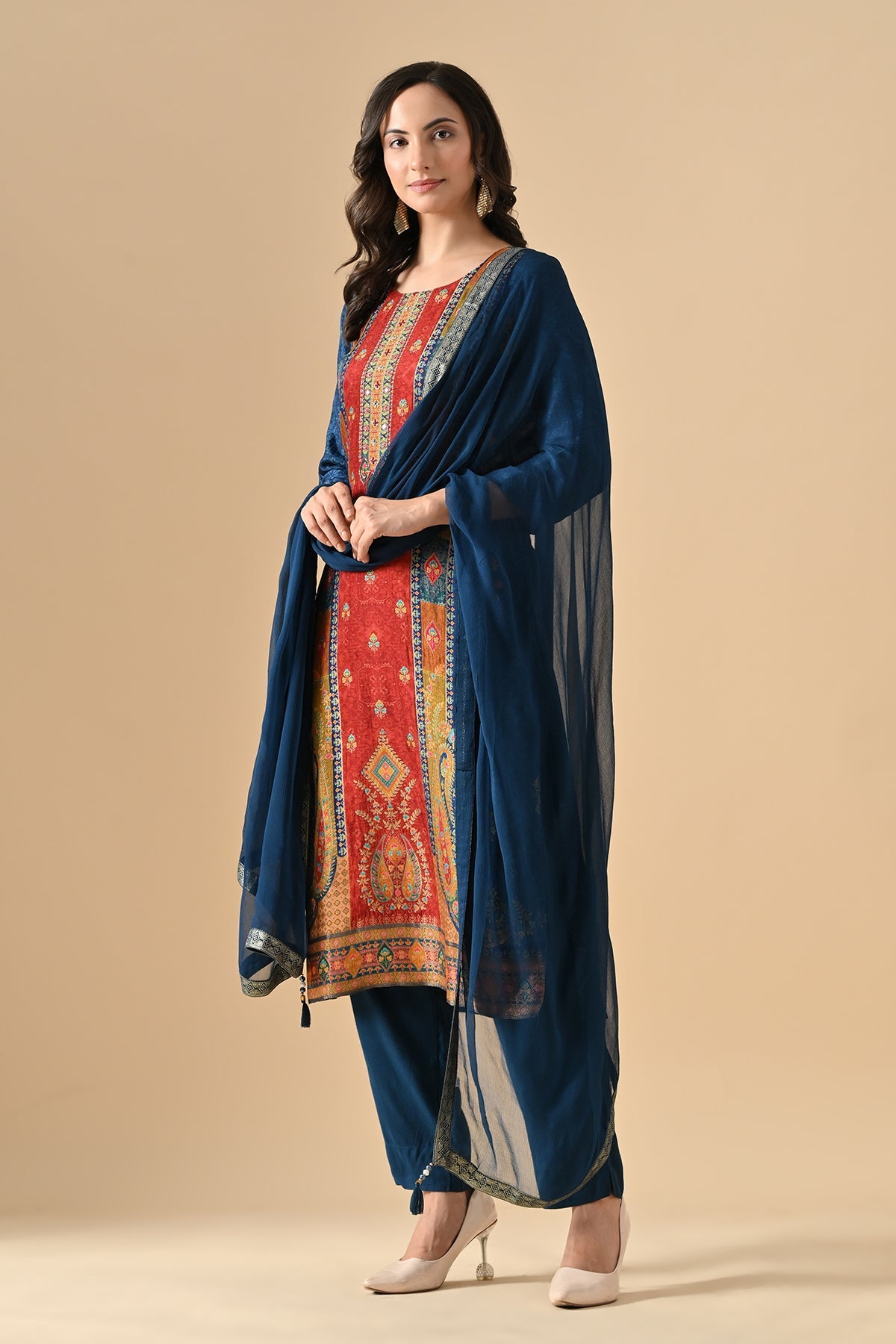 Teal Blue Printed Kurta 3 Pcs Set