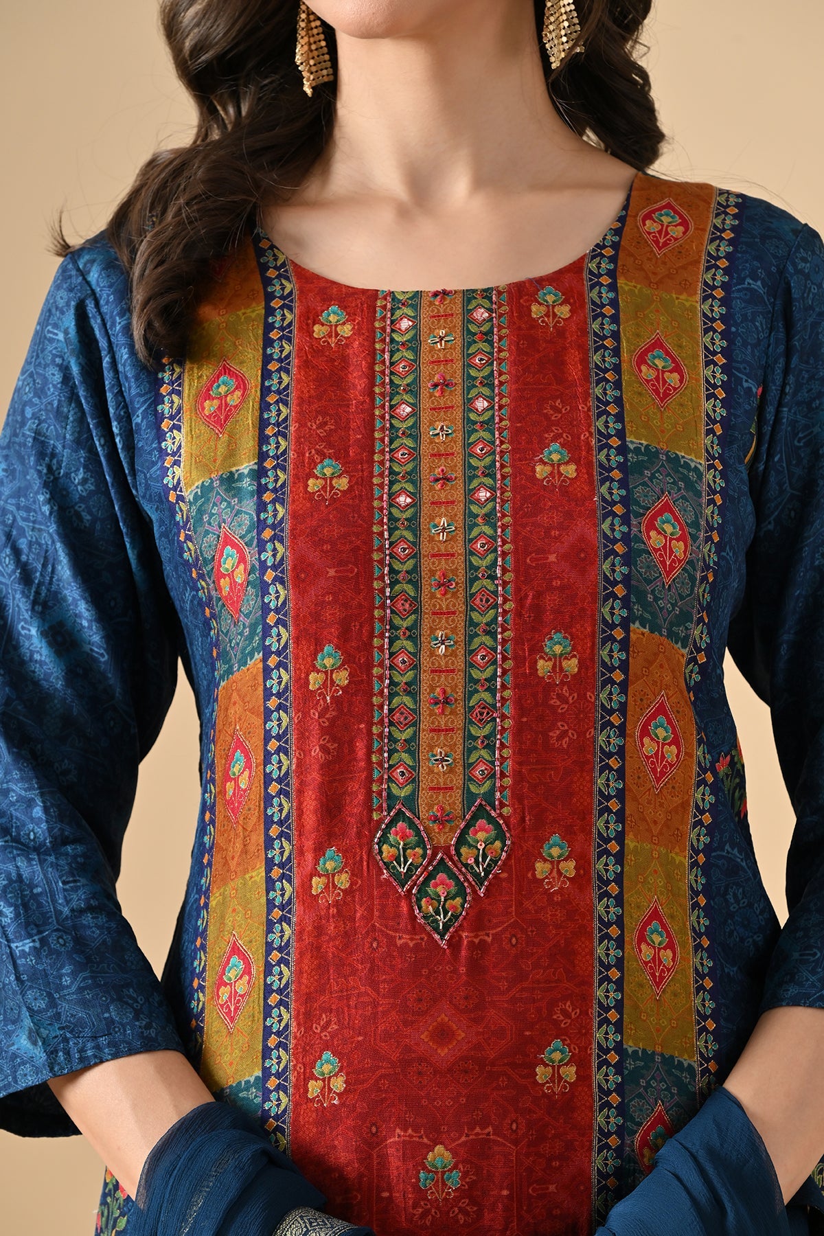 Teal Blue Printed Kurta 3 Pcs Set