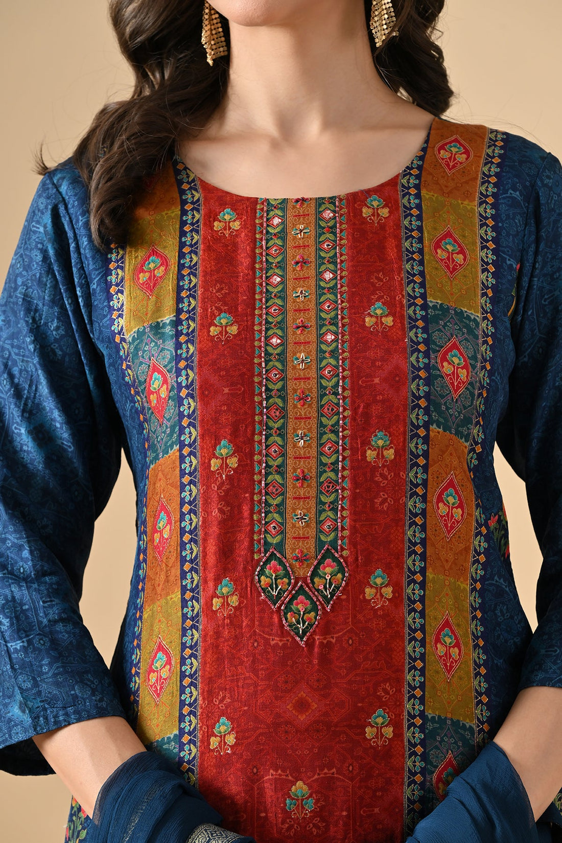 Teal Blue Printed Kurta 3 Pcs Set