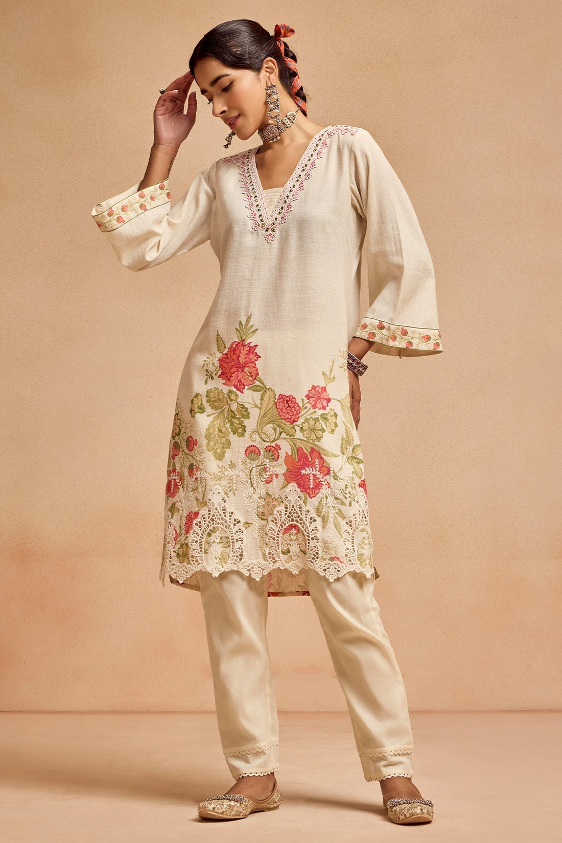 Cream Printed Kurta 2 Pcs Set