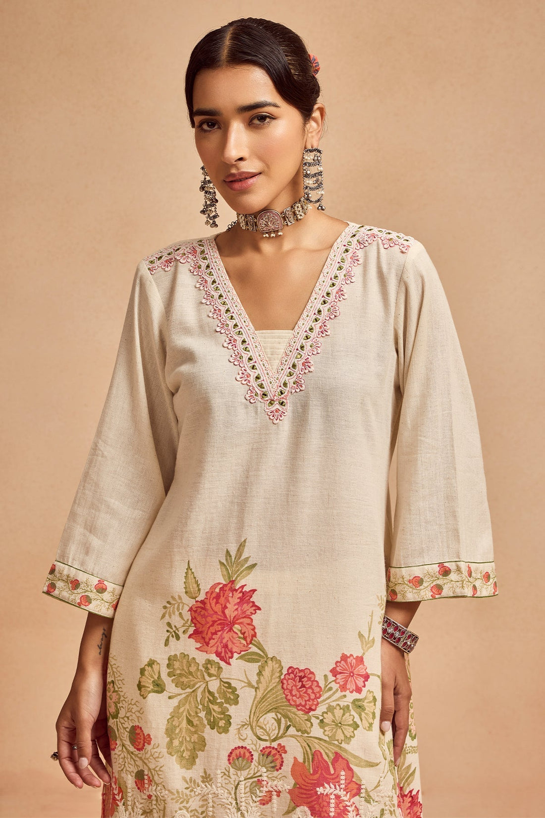 Cream Printed Kurta 2 Pcs Set