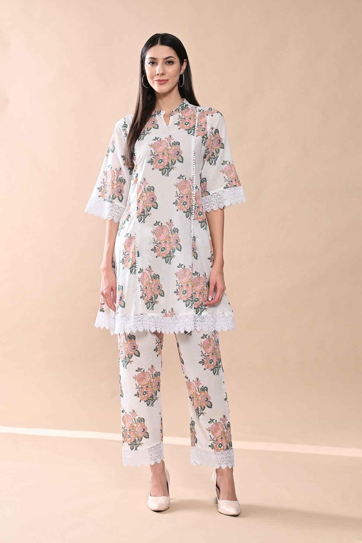 White Printed A-line Kurta 2 Pcs Set