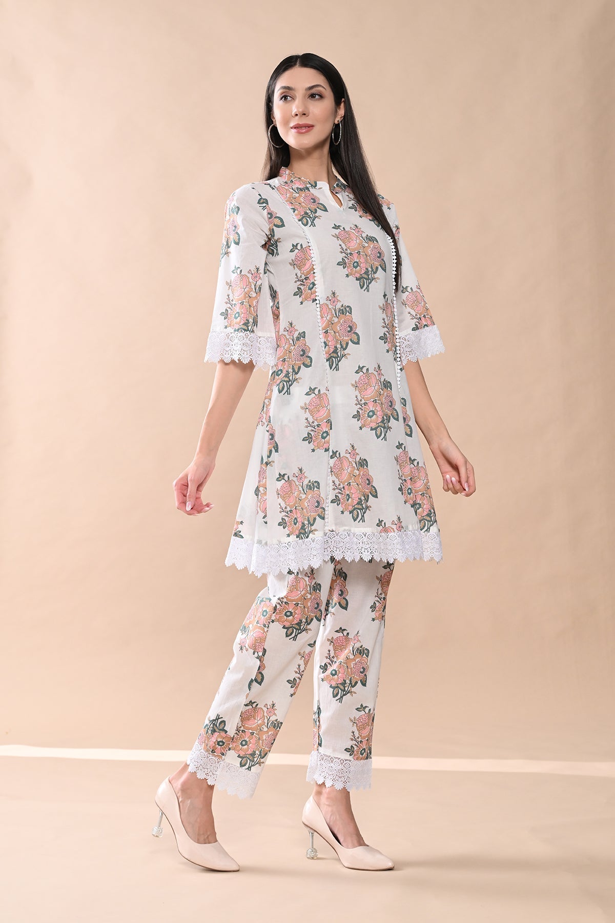 White Printed A-line Kurta 2 Pcs Set