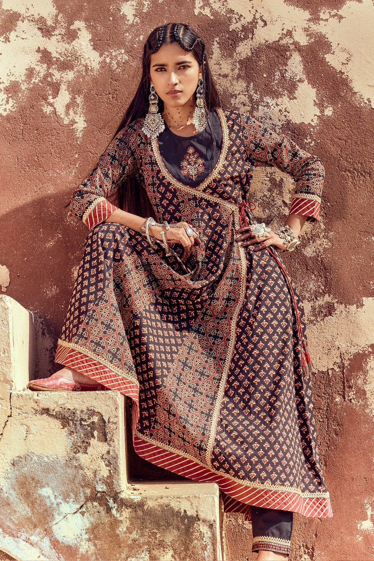 Black Printed Flared Dress with Dupatta