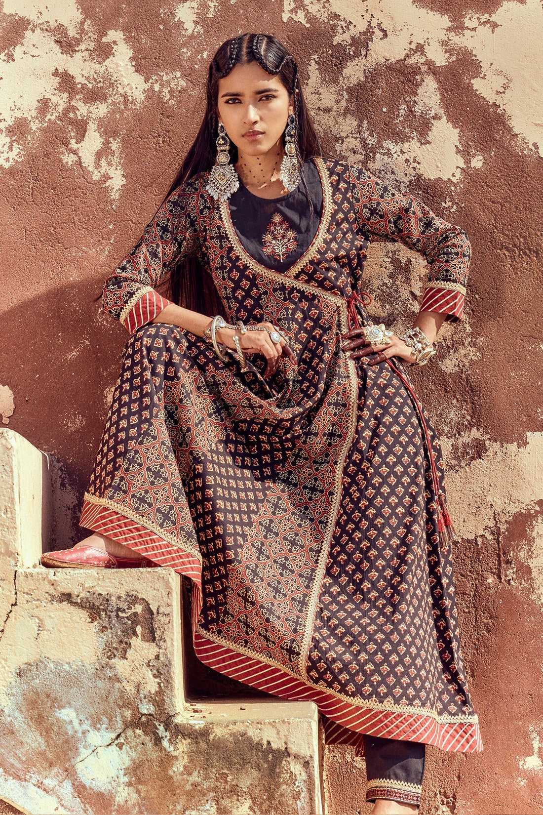 Black Printed Flared Dress with Dupatta