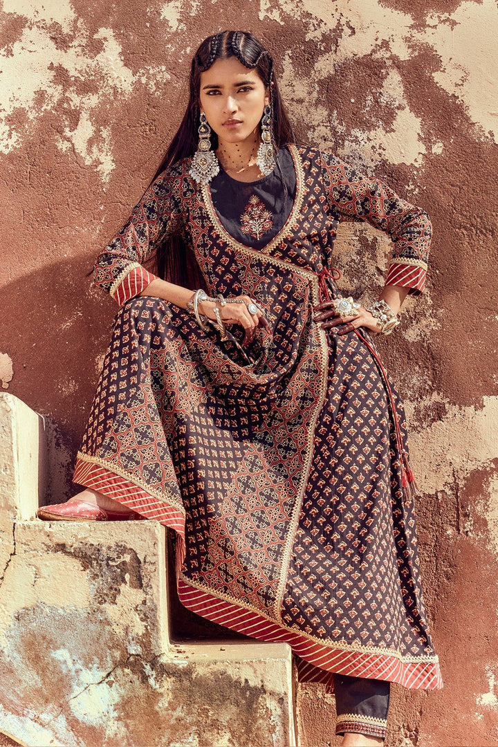 Black Printed Flared Dress with Dupatta