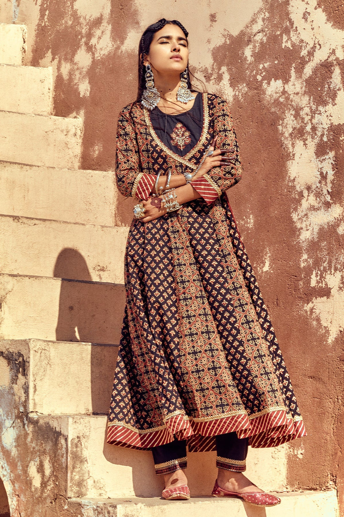 Black Printed Flared Dress with Dupatta