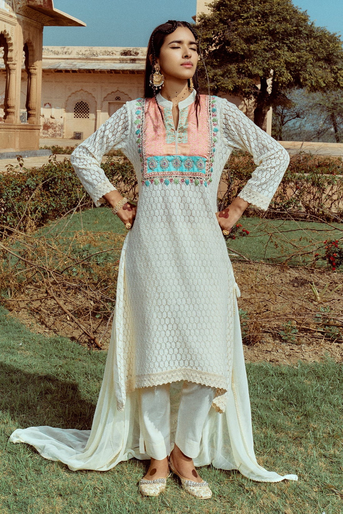 Cream Embroidered Kurta 3 Pcs Set