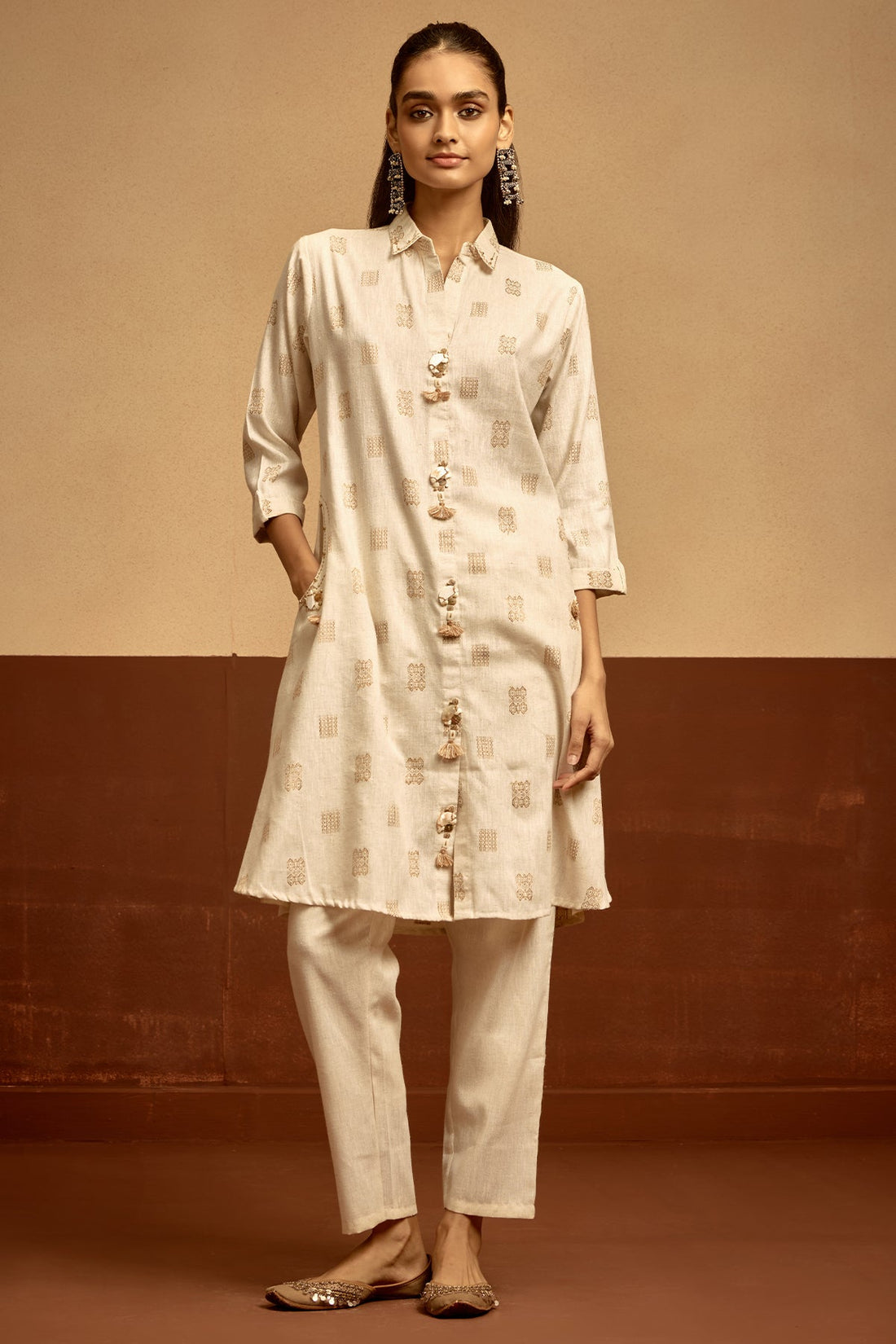Cream Embroidered A-line Kurta 2 Pcs Set