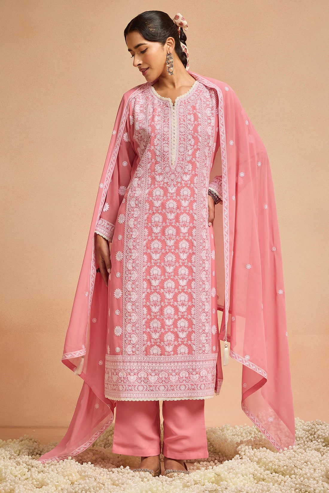 Peach Embroidered Kurta 3 Pcs Set