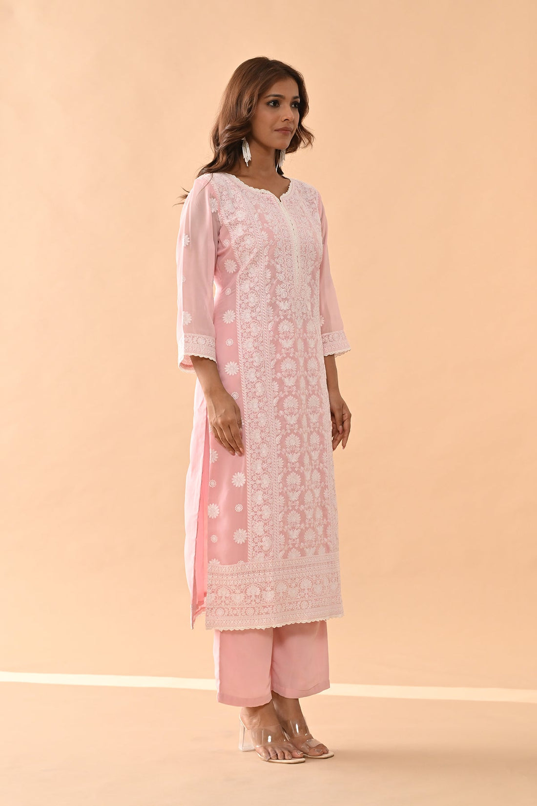 Pink Embroidered Kurta 3 Pcs Set