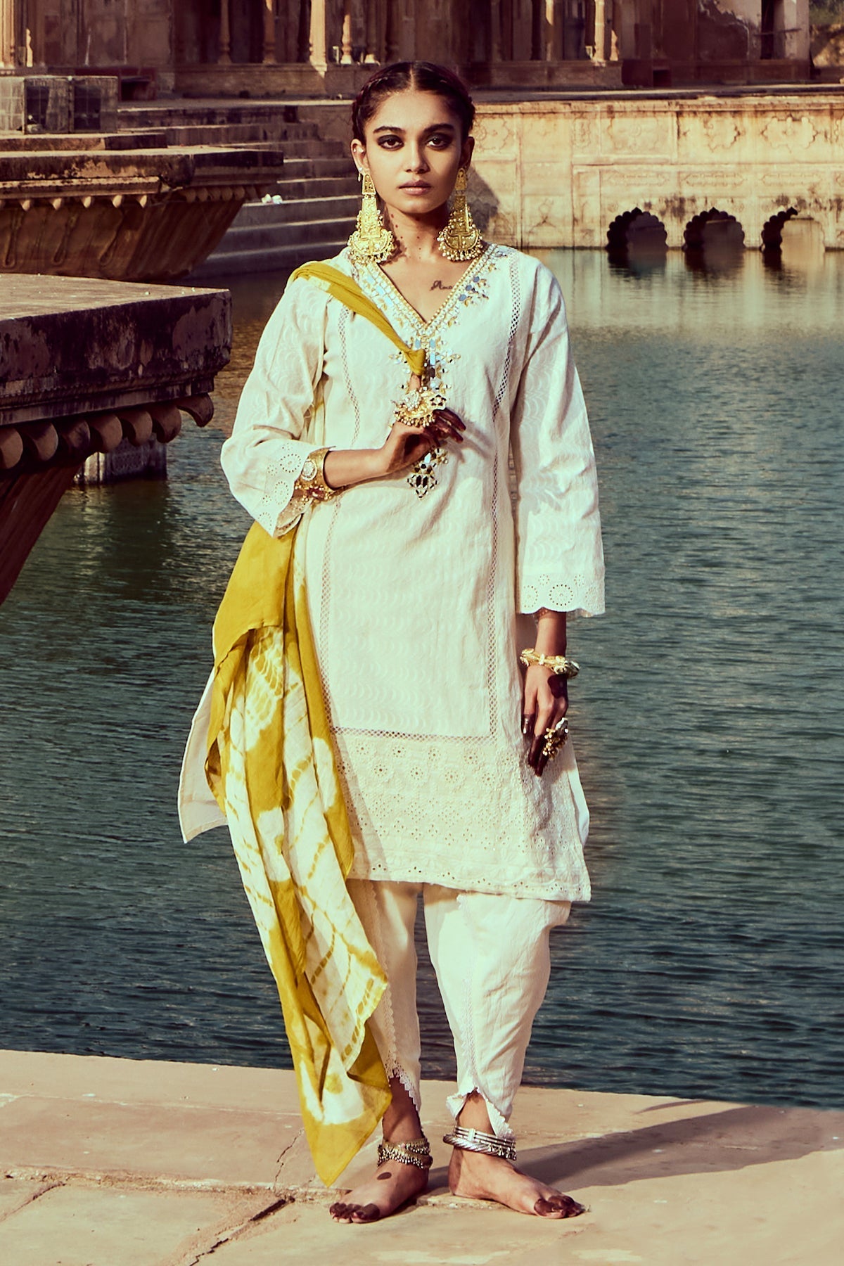 Cream Embroidered Kurta 3 Pcs Set