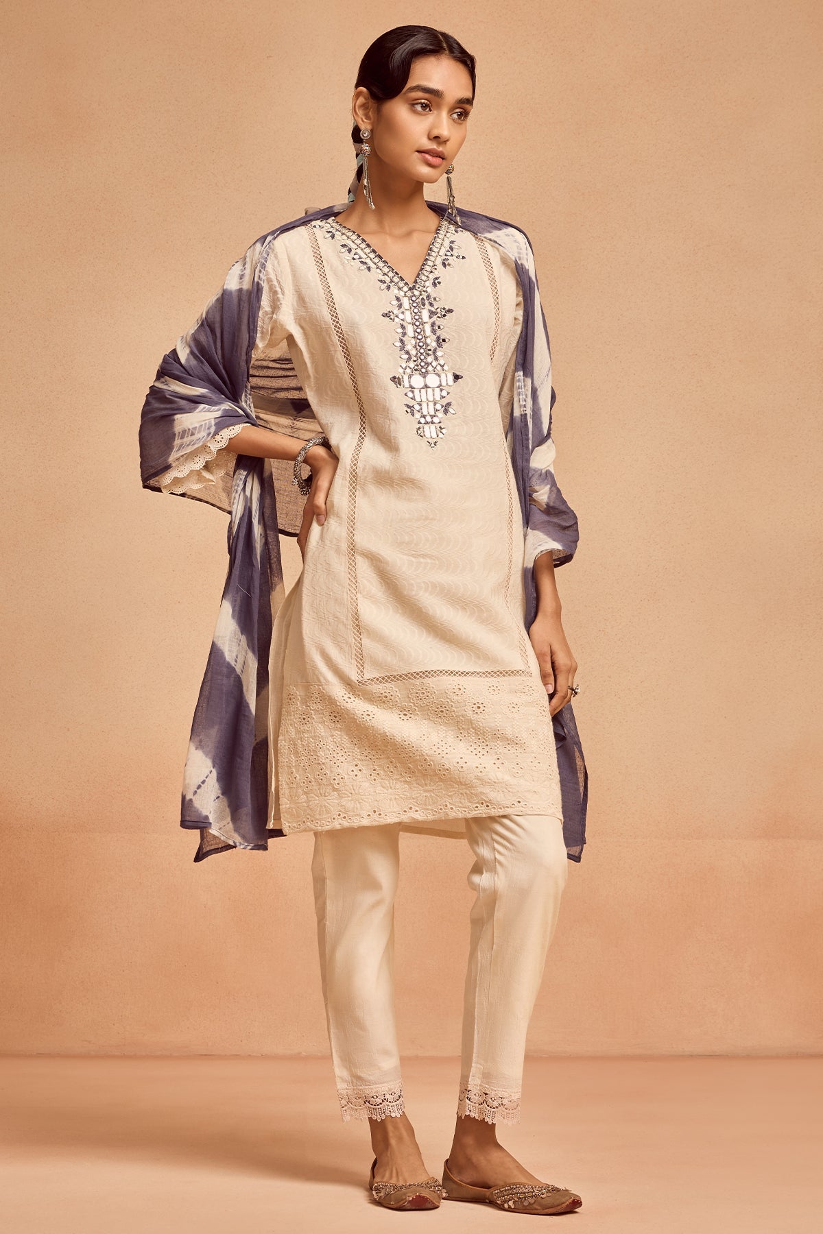 Cream Embroidered Kurta 3 Pcs Set