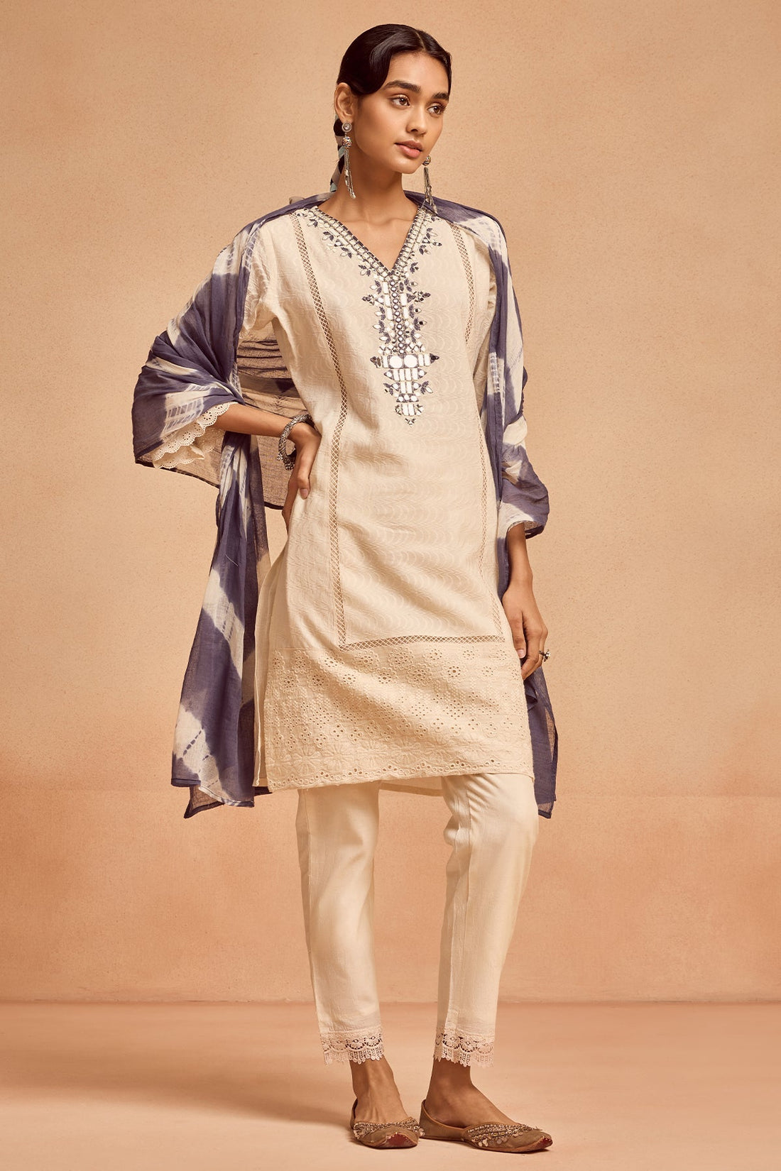 Cream Embroidered Kurta 3 Pcs Set