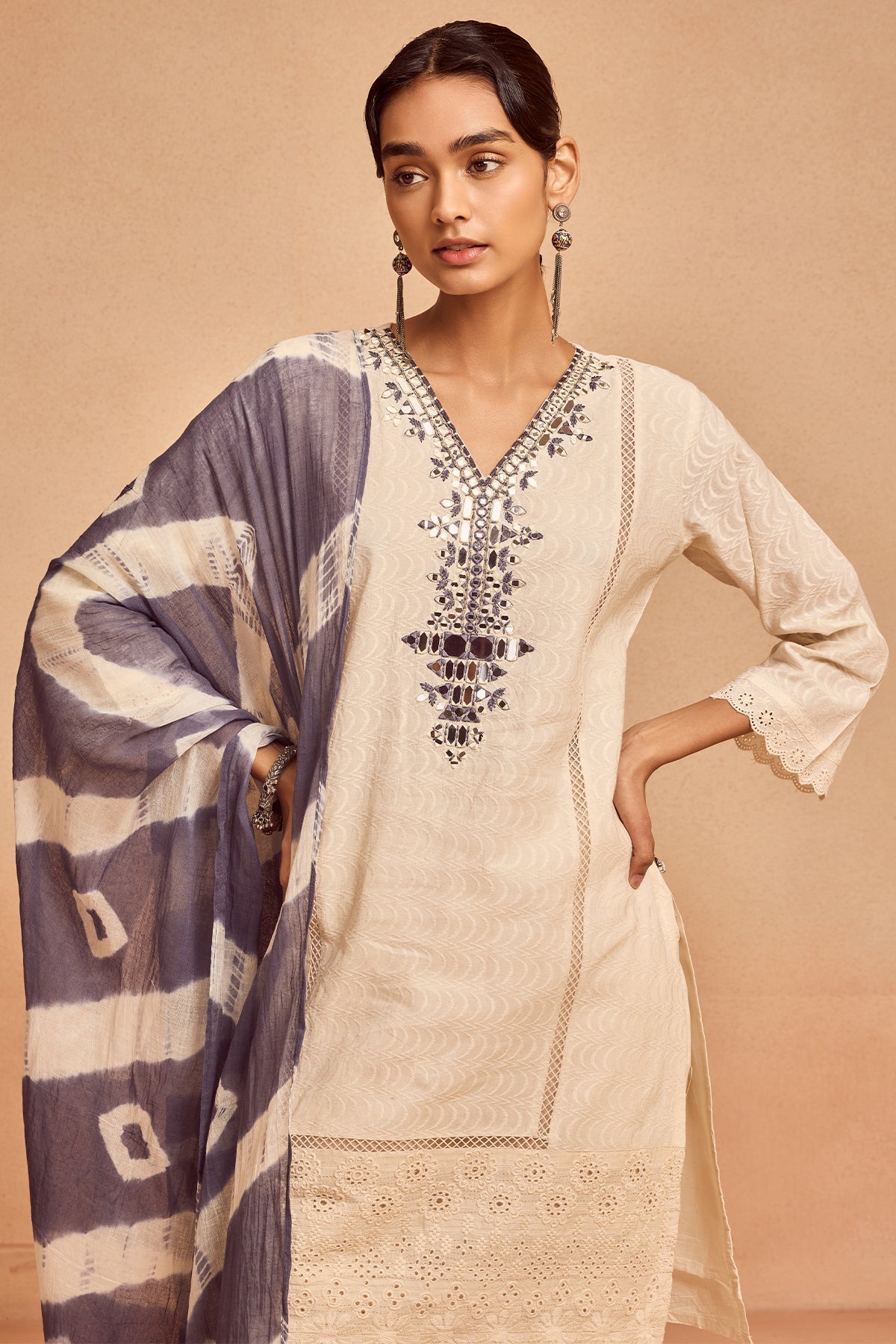 Cream Embroidered Kurta 3 Pcs Set